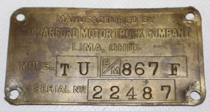 The Garford Motor Truck Co. Brass Serial Data Tag (1 of 2)