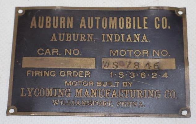 Auburn Automobile Co. Brass Serial Data Body Tag: 3.75" x 2.50"