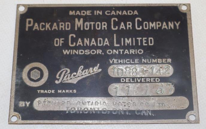 Packard Motor Car Co. of Canada Serial Data Body Tag: 4.50" x 3"