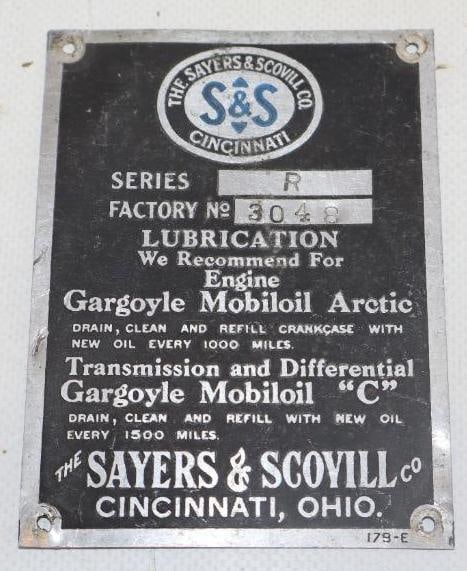 Sayers & Scovill Motor Car Co. Serial Data Body Tag (1 of 2)