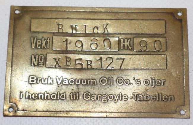 Brass Buick Motor Car Co. Serial Data Body Tag (1 of 2)