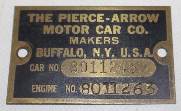 Pierce-Arrow Motor Car Co. Brass Serial Data Body Tag: 2.75" x 2"