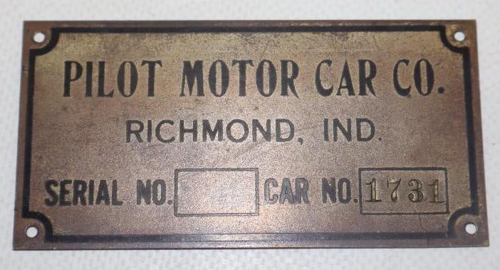 Pilot Motor Car Co. Brass Serial Data Body Tag: 3.50" x 1.75"