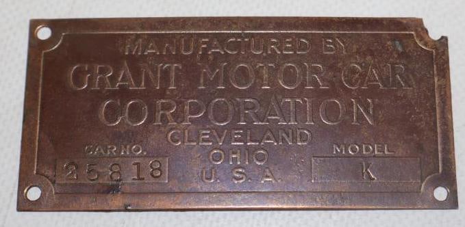 Grant Motor Car Co. Brass Serial Data Body Tag (1 of 2)