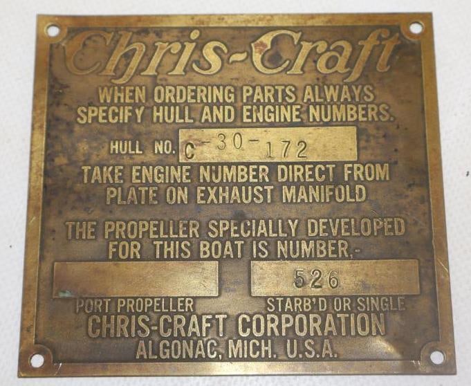 Chris-Craft Brass Boat Serial Data Body Tag: 4" x 3.50"