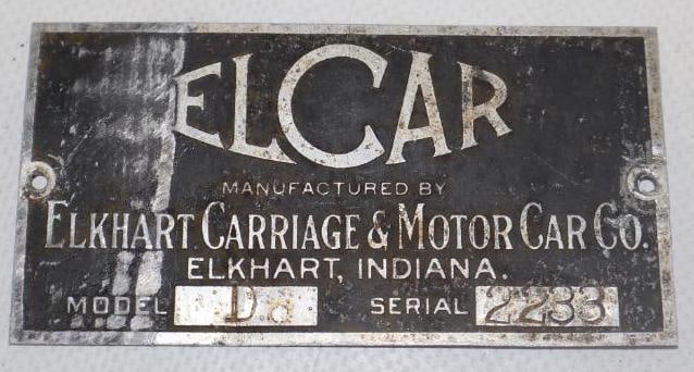 Elcar Motor Car Co. Serial Data Body Tag (1 of 2)