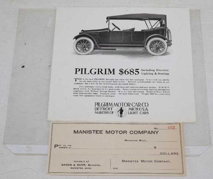Group of 2 Manistee Motor Company Blank Check And Pilgrim Motor Car Advertisement: 8" x 7.50" largest
