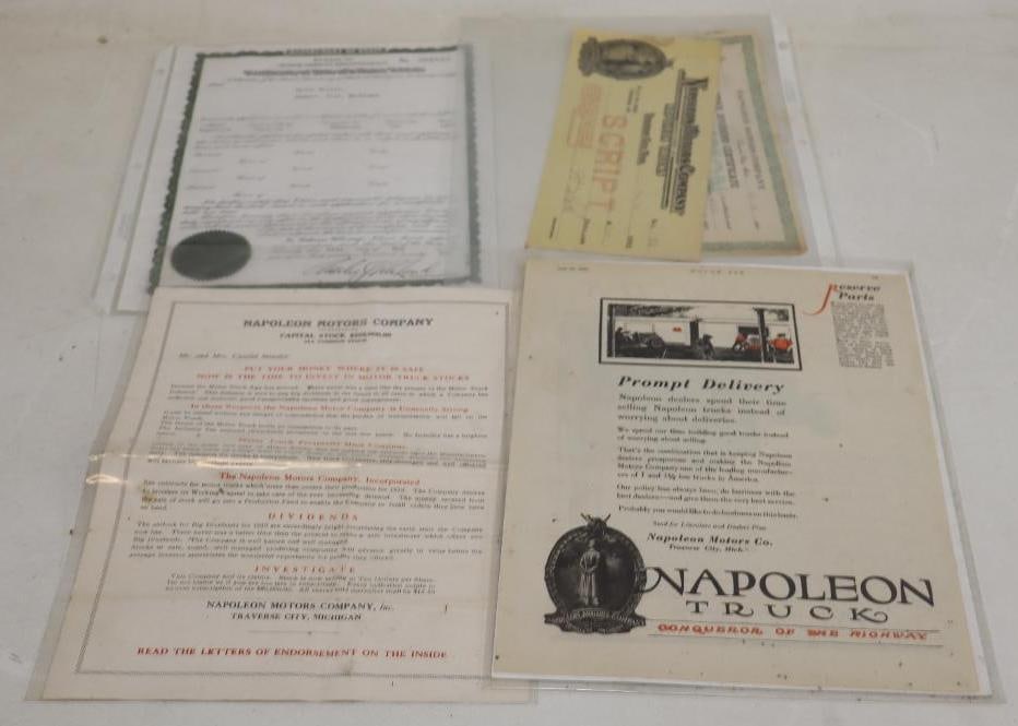 Group of 5 Napolean Motors Company Title, Stock And Motor Age Advertisement: 11.50" x 8.50" largest
