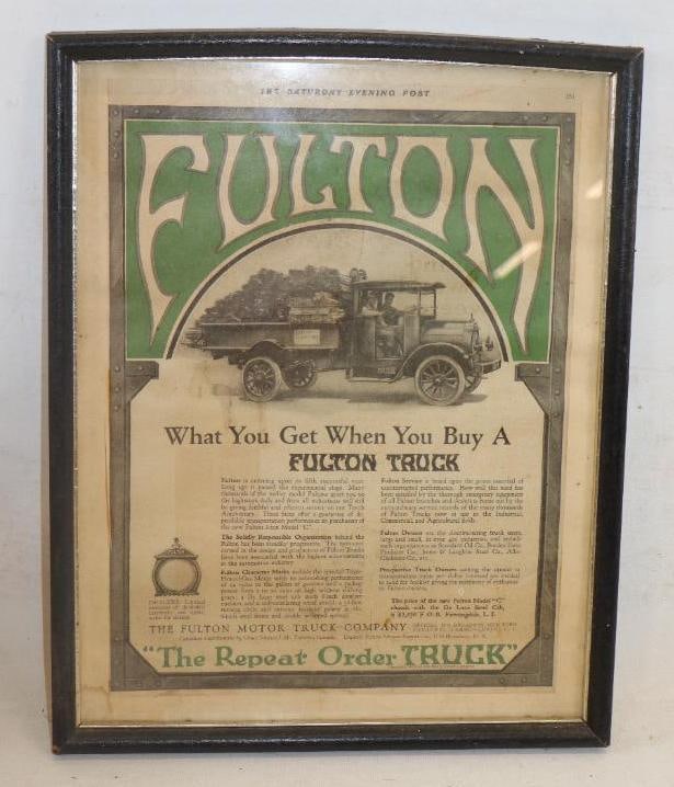 Framed 1919 Fulton Truck Saturday Evening Post Advertisement: 12" x 15" frame measurement