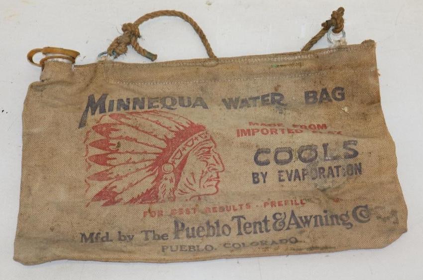 Canvas Minnequa Automobile Water Bag w/ Pueblo Tent And Awing Advertisement: 15" x 9.50"