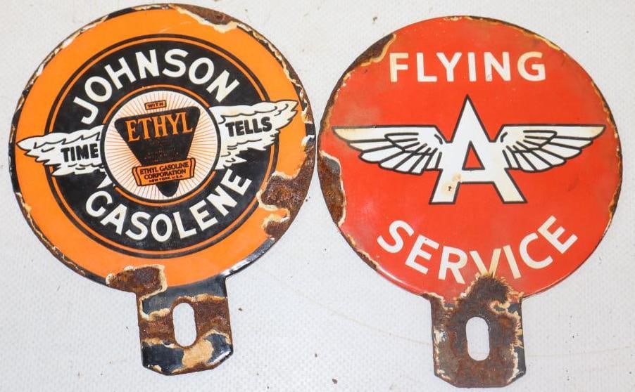 Group of 2 Porcelain Johnson And Flying A Advertising Reproduction License Plate Toppers (1 of 2)