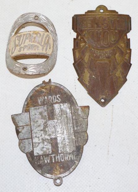 Group of 3 Roadmaster, Superla And Hiawatha Bicycle Head Badges: 3" x 1.75" largest
