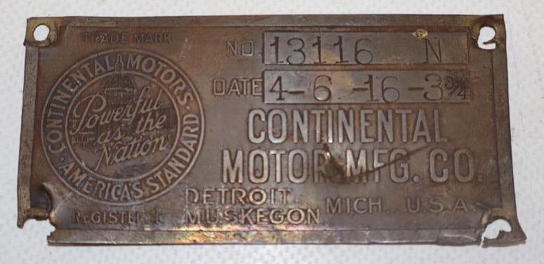 Brass Continental Motor MFG  Serial Data Body Tag (1 of 2)
