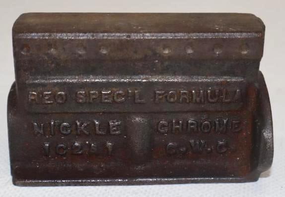 Reo Motor Car Co. Spec'l Formula Nickle Chrome Engine Paperweight: 3" x 2" x 2"