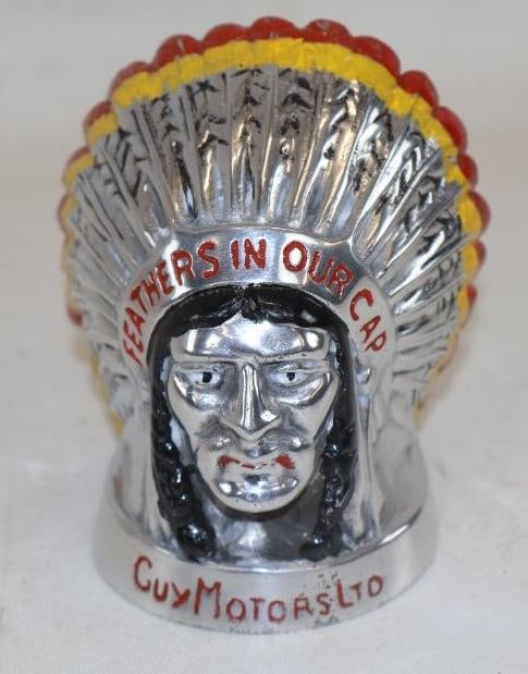 Guy Motors Indianhead Radiator Mascot Hood Ornament: 3.25" x 4" x 4.50", aluminum, recast