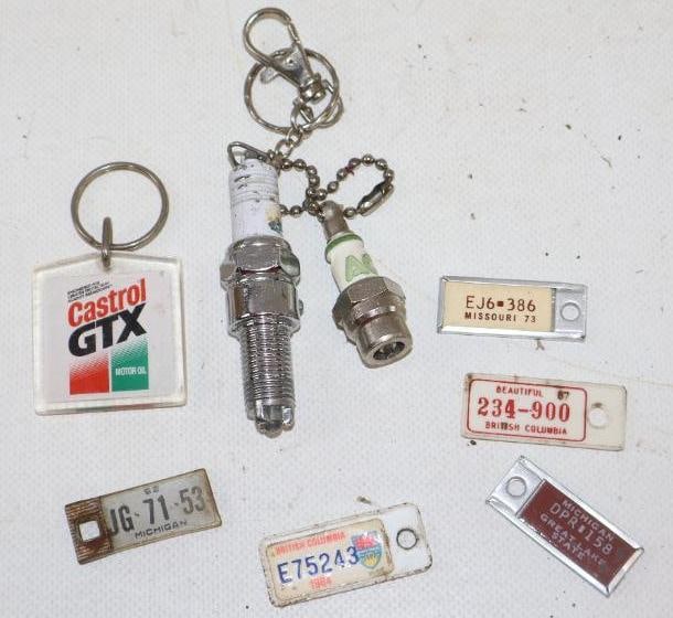Group of 8 License Plate, Spark Plugs And Castrol GTX Key Chains (1 of 2)