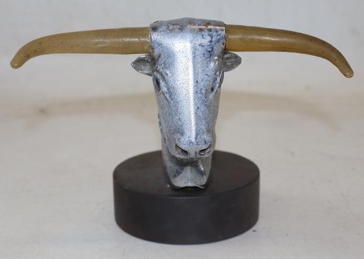 Illuminated Bull Radiator Mascot Hood Ornament: 3.50" x 6.25" x 5" mounted to lead base