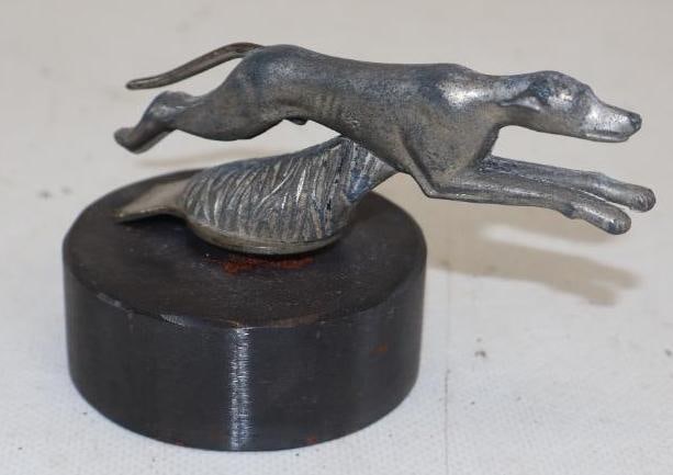 Leaping Dog Radiator Mascot Hood Ornament: 3.75" x 2.50" x 1" mounted to lead base