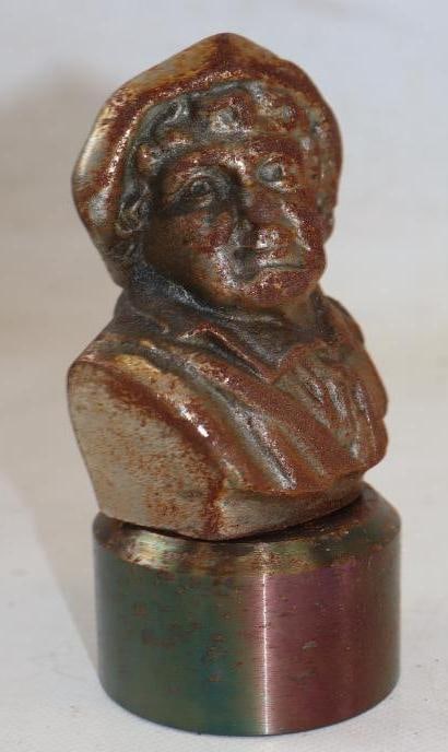 Jefferson Island Old Rip Salt Radiator Mascot Hood Ornament: 2.50" x 5" x 3" mounted to lead base