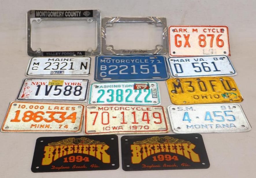 Group of 14 Motorcycle Licenses Plates  And Harley Davidson Plate Frames (1 of 6)