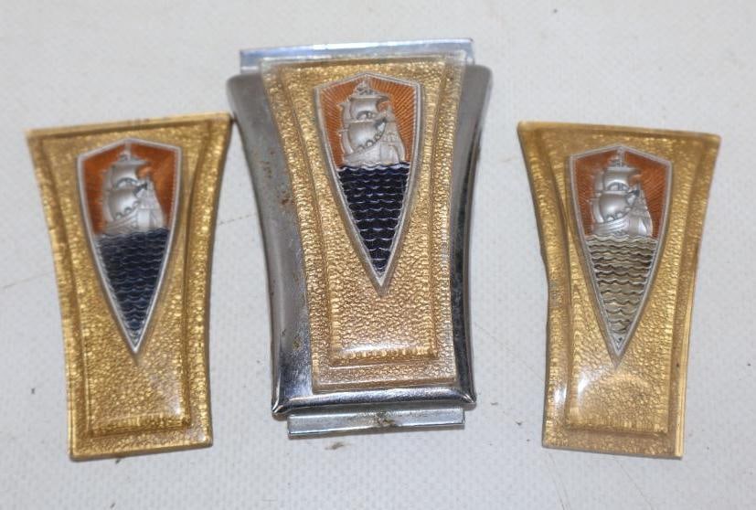 Group of 3 1942 Plymouth Dash Trim Emblem Badges: 3" x 2" largest
