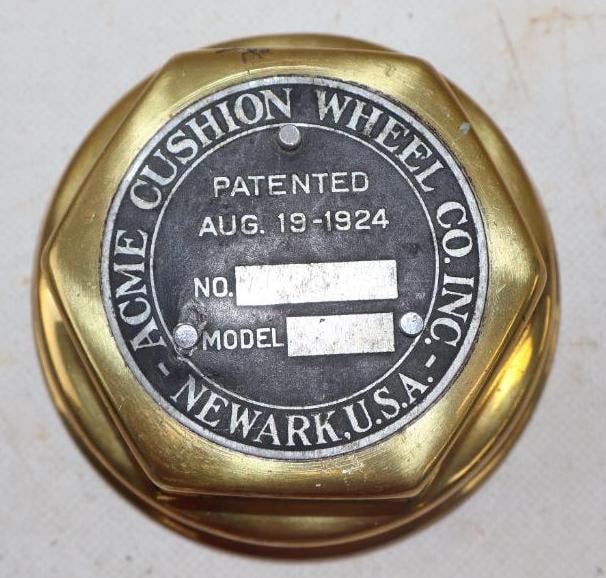 Acme Cushion Wheel Co. Inc. Newark Brass Threaded Automobile Hubcap: 4" diameter