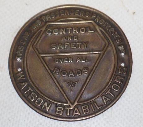 This Car And Passengers Protected by Watson Stabilators Brass Emblem Badge: 2" diameter