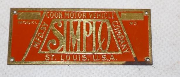 Simplo Cook Motor Vehicle Company Brass Serial Data Body Tag: 2.50" x 1"