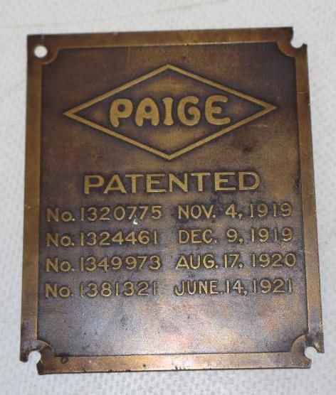 1920's Paige Motor Car Co Patent Brass Data Tag: 2.50" x 3" x 3.50"