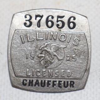 1925 Illinois Licensed Chauffeur Pin Back Badges: 1.25" x 1.25"