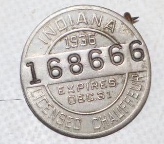 1935 Indiana Licensed Chauffeur Pin Back Badges: 1.25" diameter