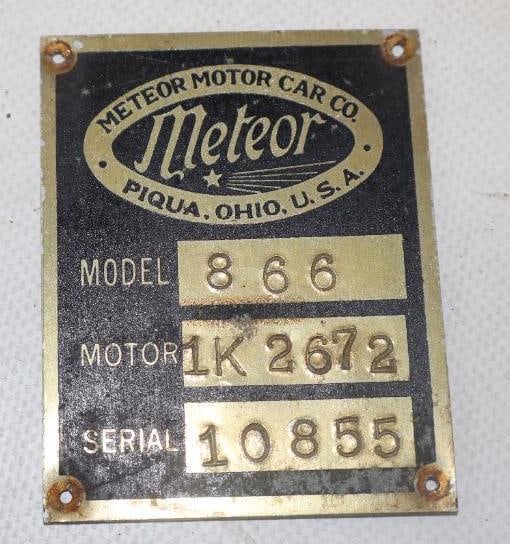Meteor Motor Car Co. Serial Data Body Tag (1 of 2)