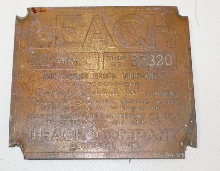 Brass Leach Truck Serial Data Body Tag: 4" x 3.50"