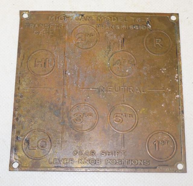 Michigan Model T6-K Brass Transmission Lever Knob Position Tag: 4.50" x 4.50"