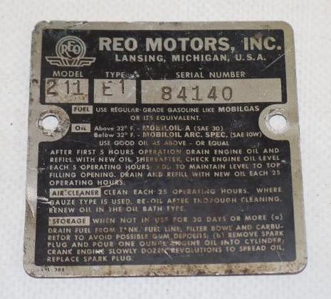 REO Motors Incorporated Serial Data Body Tag (1 of 2)
