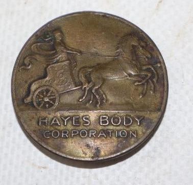 Hayes Body Corporation Brass Emblem Badge: 1.25" diameter