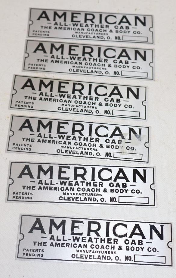 Group of 6 American Coach And Body All Weather Cab Identification Tags: 6" x 1.75" each