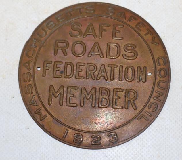 1923 Brass Massachusetts Safe Roads Federation Members Radiator Badge: 3.50" diameter