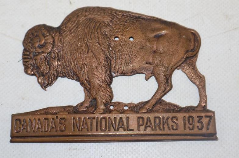 Brass 1937 Canada's National Parks Buffalo Radiator Badge: 4" x 3"