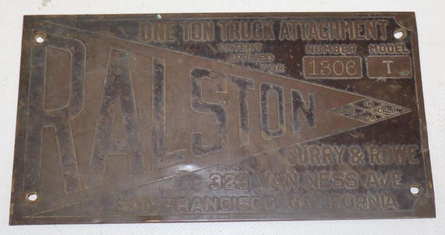 Ralston Truck Motor Co. Brass Serial Data Body Tag (1 of 2)