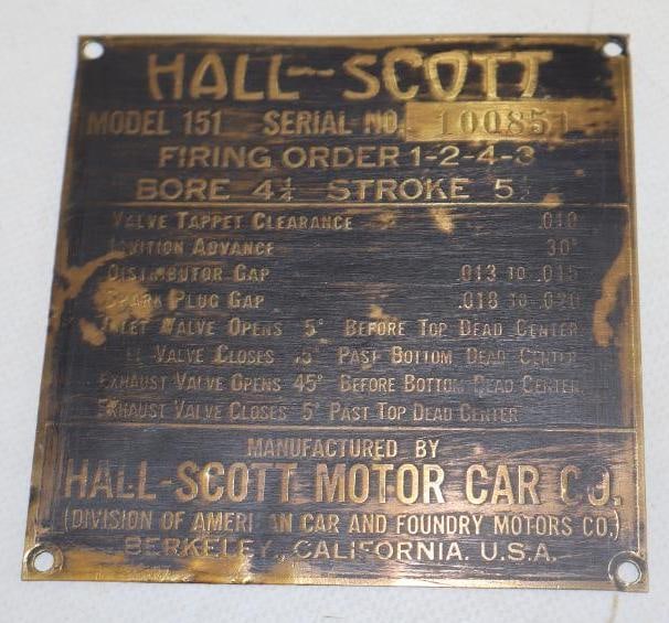 Hall-Scott Motor Car Co. Brass Serial Data Body Tag: 4" x 4"