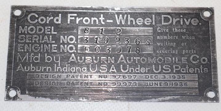 Cord Front-Wheel Drive Auburn Automobile Co. Serial Data Body Tag: 4.50" x 2"