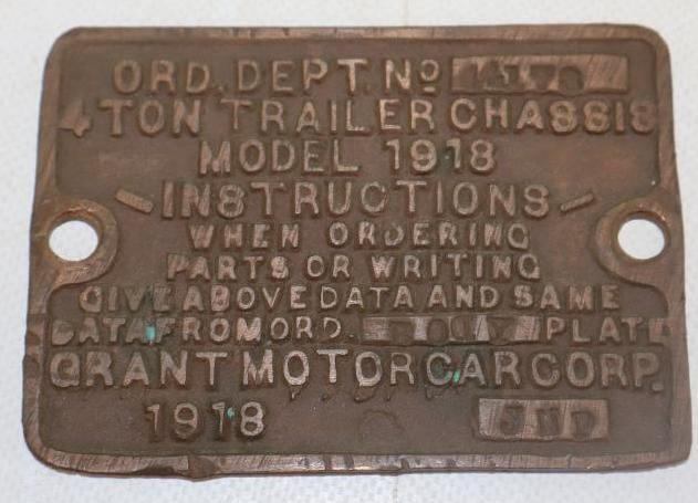 Grant Motor Car Co. Truck Embossed Brass Serial Data Body Tag (1 of 2)