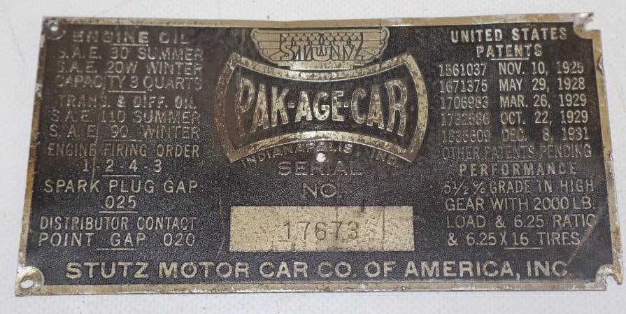 Pak-Age-Car Stutz Motor Car Co. Serial Data Body Tag (1 of 2)