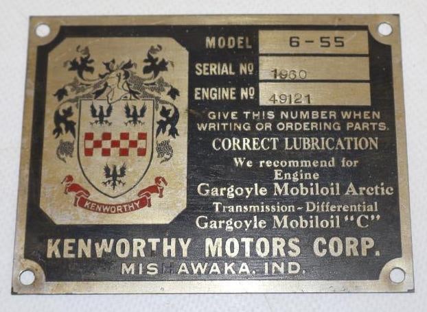 Kenworthy Motors Corp. Serial Data Body Tag (1 of 2)