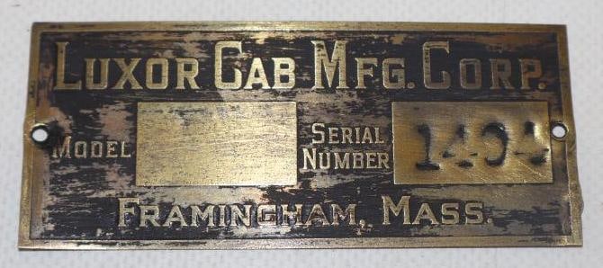 Luxor Cab MFG Corp. Brass Serial Data Tag (1 of 2)