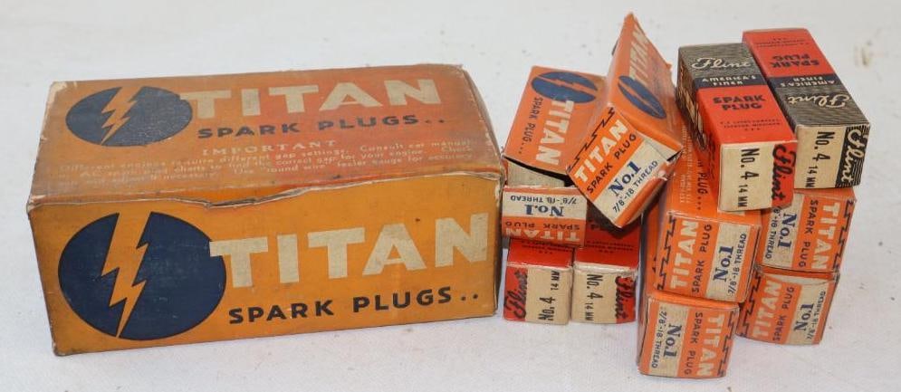 Group of 20 Titan And Flint Spark Plugs In Original Boxes: 3.25" x 1.25" x 1.25" largest