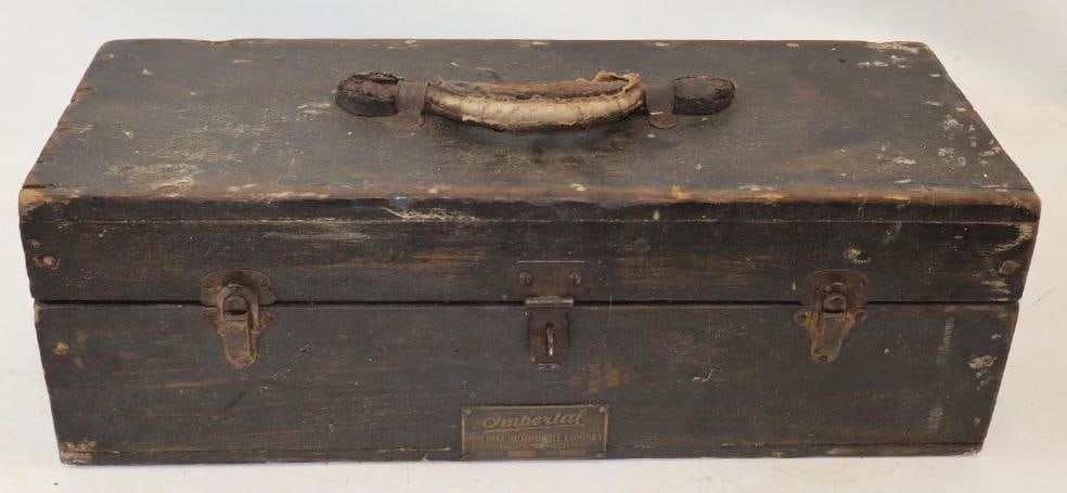 Imperial Automobile Company Jackson Michigan Serial Data Tag Mounted To Wooden Tool Box: 21" x 8" x 7.50"