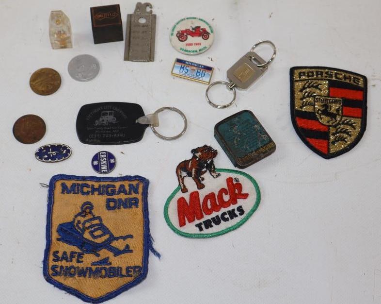 Group of 16 Automotive Related Patches, Key Chains, Coins, Badges, Stamps, Paperweight And Spark (1 of 6)