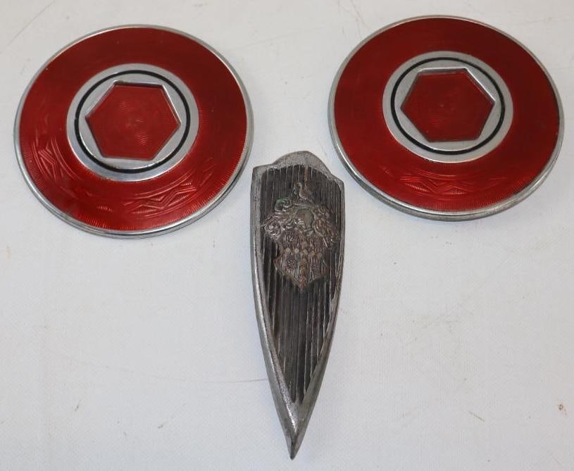 Group of 3 Packard Hubcap Wheel And Fender Emblems: 5" diameter largest